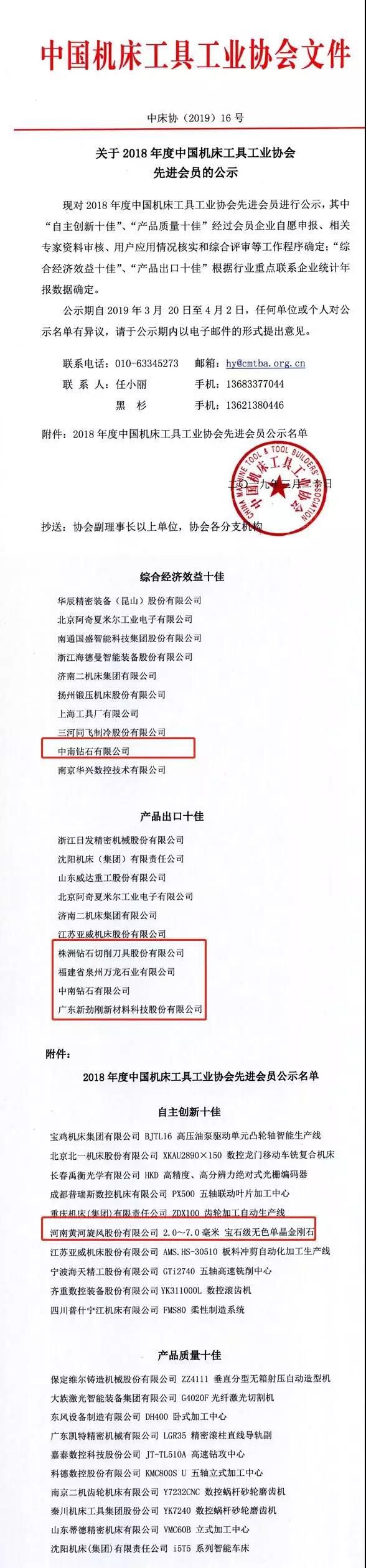 5家超硬材料企業(yè)入選2018年度中國機床工具工業(yè)協(xié)會先進會員名單