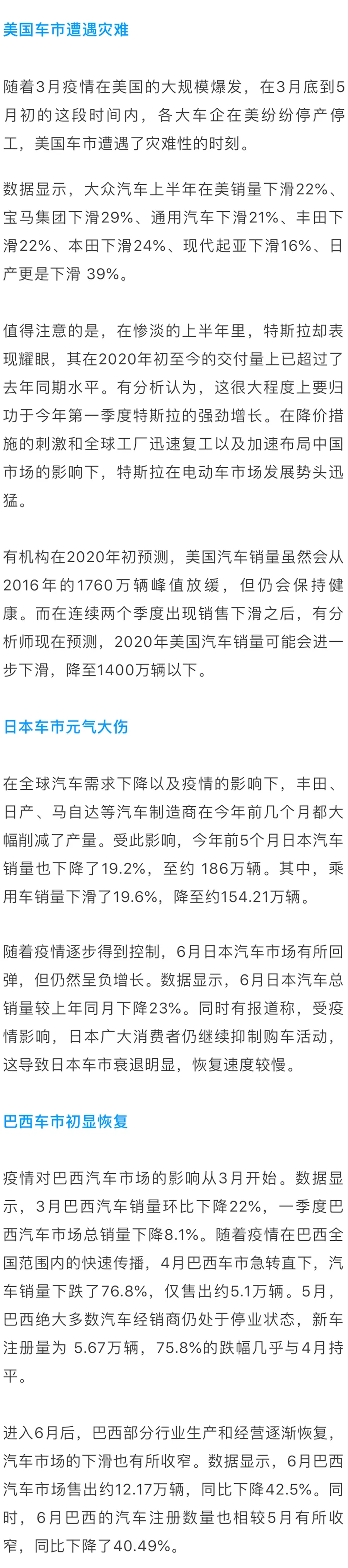 2020年上半年全球車市情況