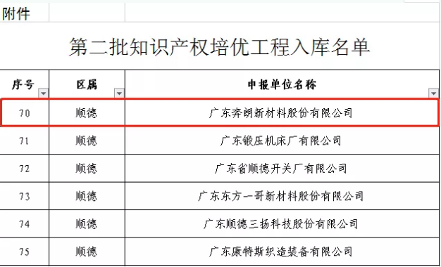 奔朗公司入選佛山市第二批知識產(chǎn)權(quán)培優(yōu)工程名錄