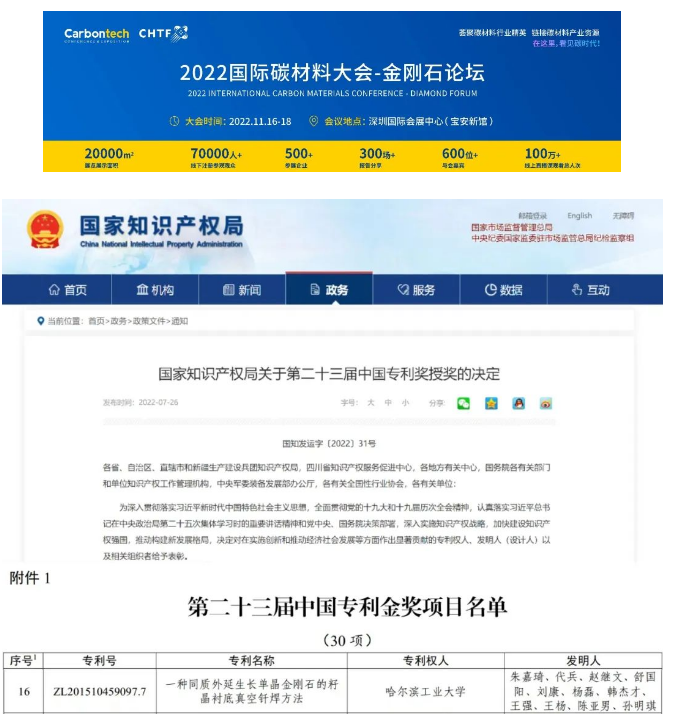 哈工大紅外薄膜與晶體團(tuán)隊(duì)金剛石專利榮獲中國專利獎(jiǎng)金獎(jiǎng)！